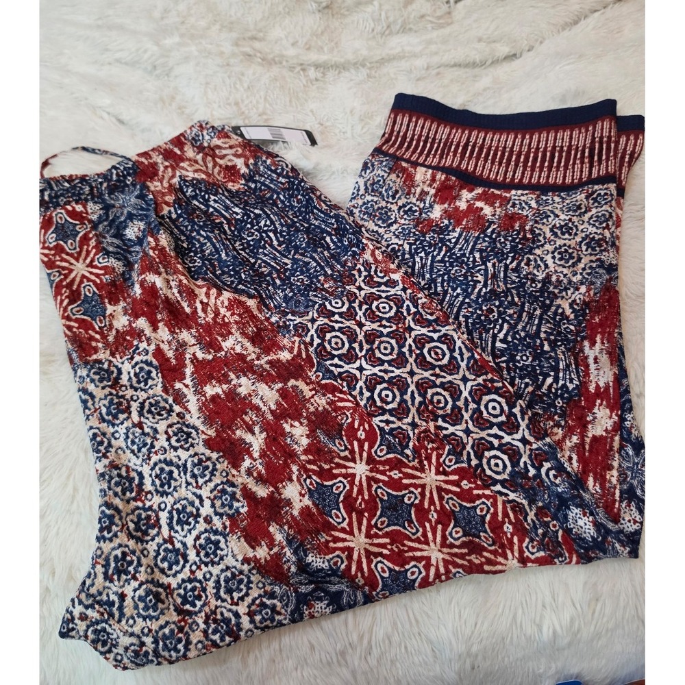 Soho Apparel Wide Leg Palazzo Pants Boho Patchwork Print Red Blue Women XL NWT